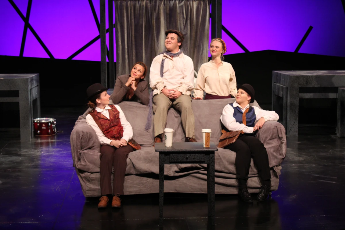 Rosencrantz, ThePlayer, Guildenstern. Tragedians behind couch.